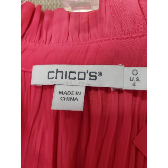 Chico's Pink Crinkle Texture Pleated Ruffle Neck Tiered Flare Sleeve Blouse Sz S - Picture 4 of 7